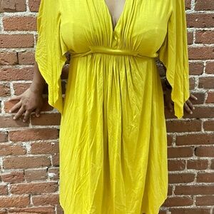 RACHEL PALLY Signature Stretch Jersey Marigold Yellow Plunge Mini Caftan Dress L